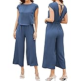 ROYLAMP Women's Summer Casual Jumpsuit Sleeveless Cutout Crop Backless Tie Back Cropped Wide Leg Rompers with Pockets