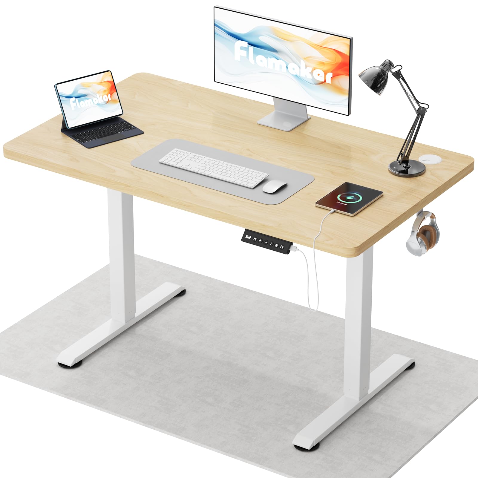 Flamaker Höhenverstellbarer Schreibtisch Ganze Tischplatte 140 x 60 cm Elektrischer Schreibtisch Höhenverstellbar für Steh-Sitz, Computertisch mit Memory-Funktion,Standing Desk,Beige