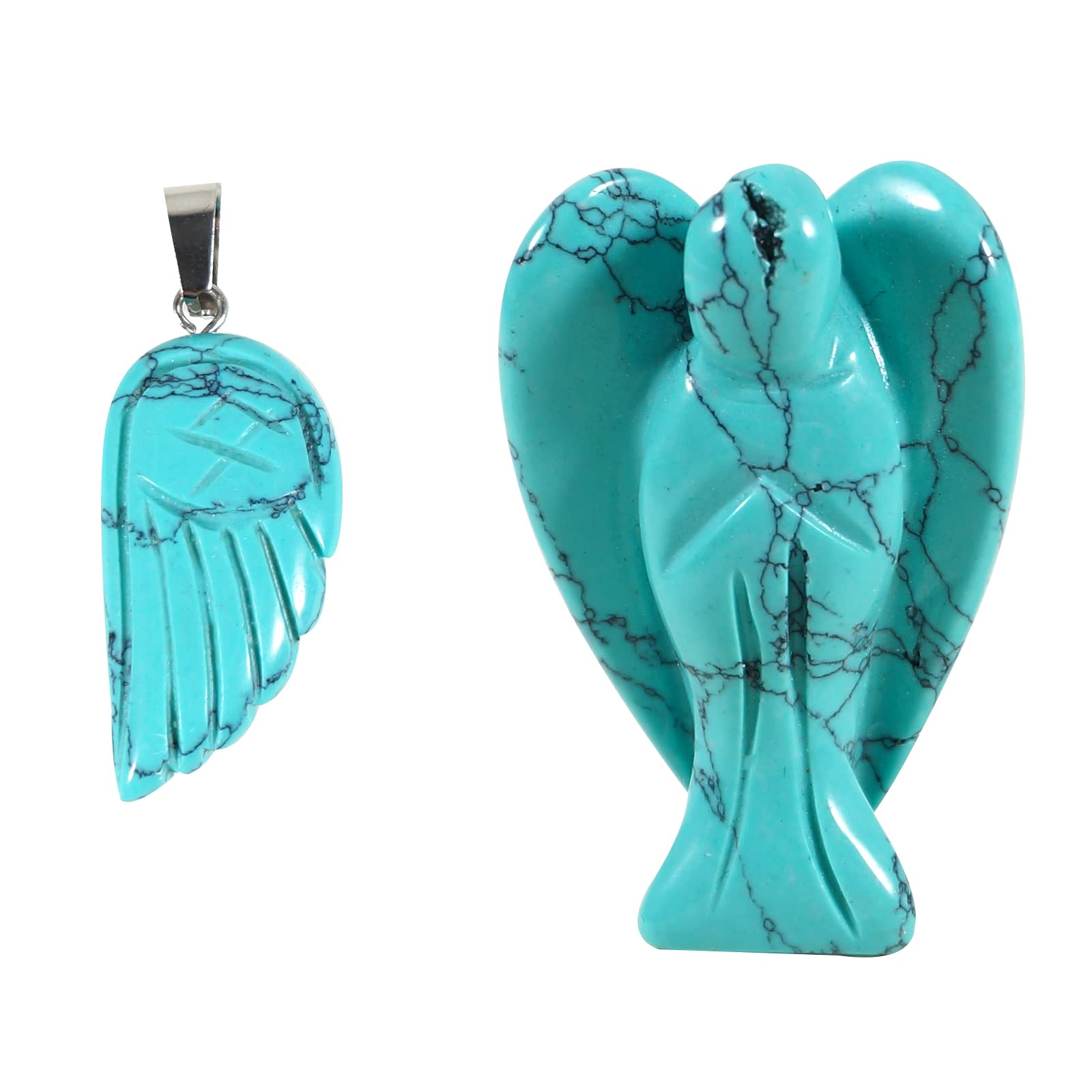 soulnioi 1.5" Natural Healing Crystal Gem Statue Guardian Angel Figurine for Home Room Decoration Ornament, and 1pc Angel Wings Crystal Carved Necklace Pendant (30 * 15mm) -Turquoise