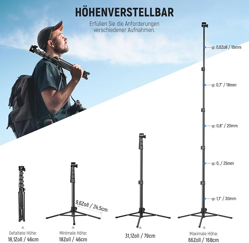 Basic Handy Stativ für iPhone Kamera mit Fernbedienung und Handyhalterung, 66" Metall Selfie Stick, Reise Vlog Smartphone Stativ, tragbare Kamera Mobile Tripod für Videoaufnahmen Filmen, TS03
