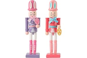 7-Inch Easter Bunny Nutcracker Figurines, Set of 2 Pastel Pink & Purple Wooden Rabbit Soldiers with Easter Egg Accents, Handc