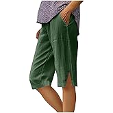 Womens Capri Pants 2026 Knee Length Cotton Linen Capris Summer Straight Leg Loose Beach Bermuda Shorts with Pockets
