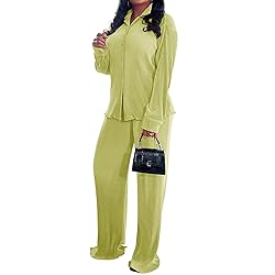 Women's Pleated Matching Sets Long Sleeve Button