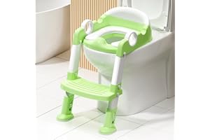 MANGOHOOD Potty Training Toilet Seat with Step Stool Ladder for Boys and Girls,Toddler Kid Children Toilet Training Seat Chair with Handles,Height Adjustable,Non-Slip Wide Step(Green)