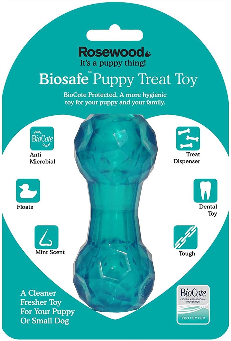 Rosewood tough puppy toy dumbbell shaped treat dispenser dog toy for small dogs and puppies made of tough material, mint scented, blue