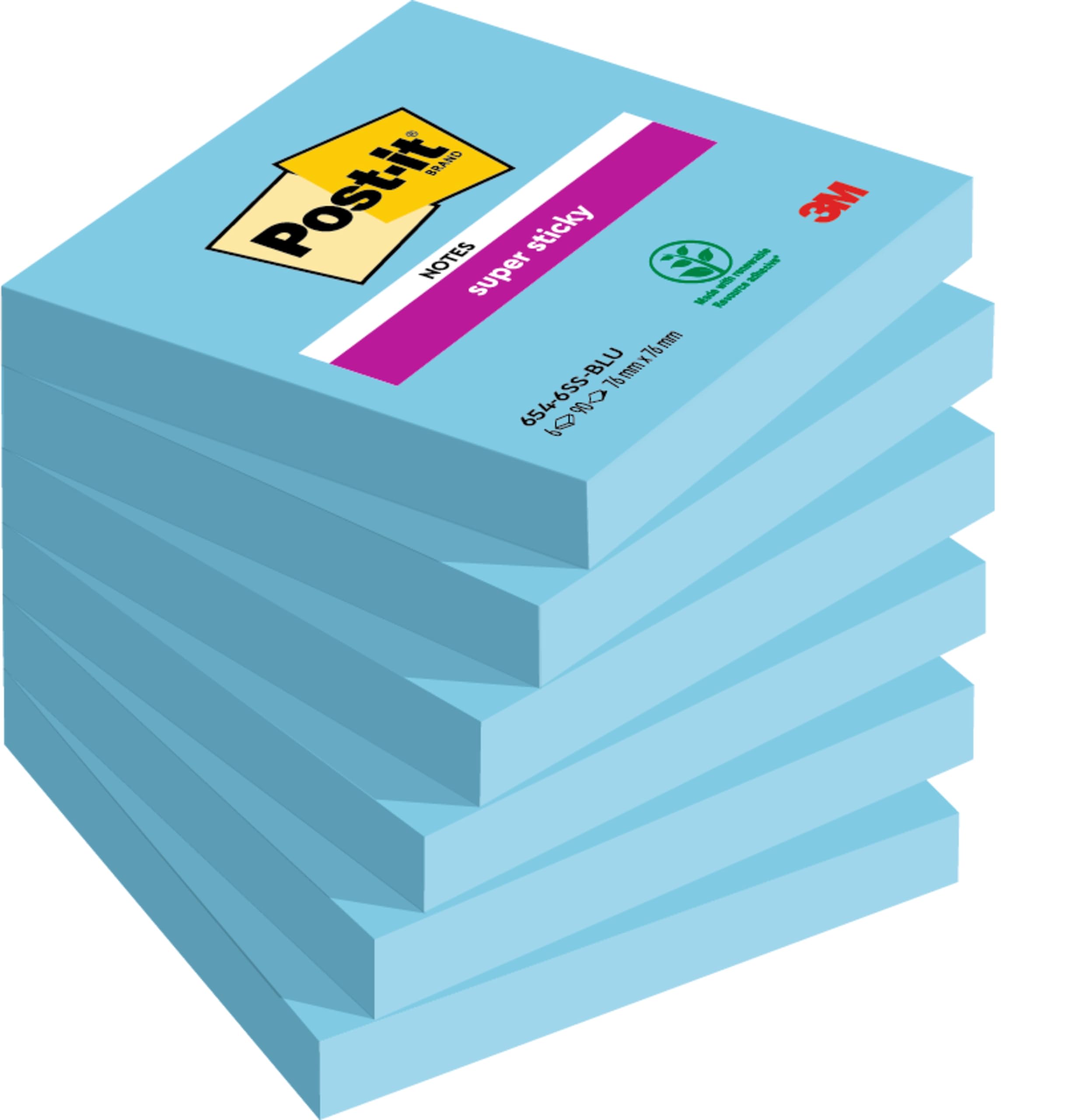 Post-it Super Sticky Notes, 540 Sheets, Pack of 6 Pads, 76 mm x 76 mm - Holds Strong to Many Surfaces - Blue - for Walls, Monitors and Fridge, Recycable