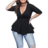 RQQJRR Women's Plus Size Blouse Sexy Deep V Neck Pleated Long Sleeve Ruched Promenade Tops