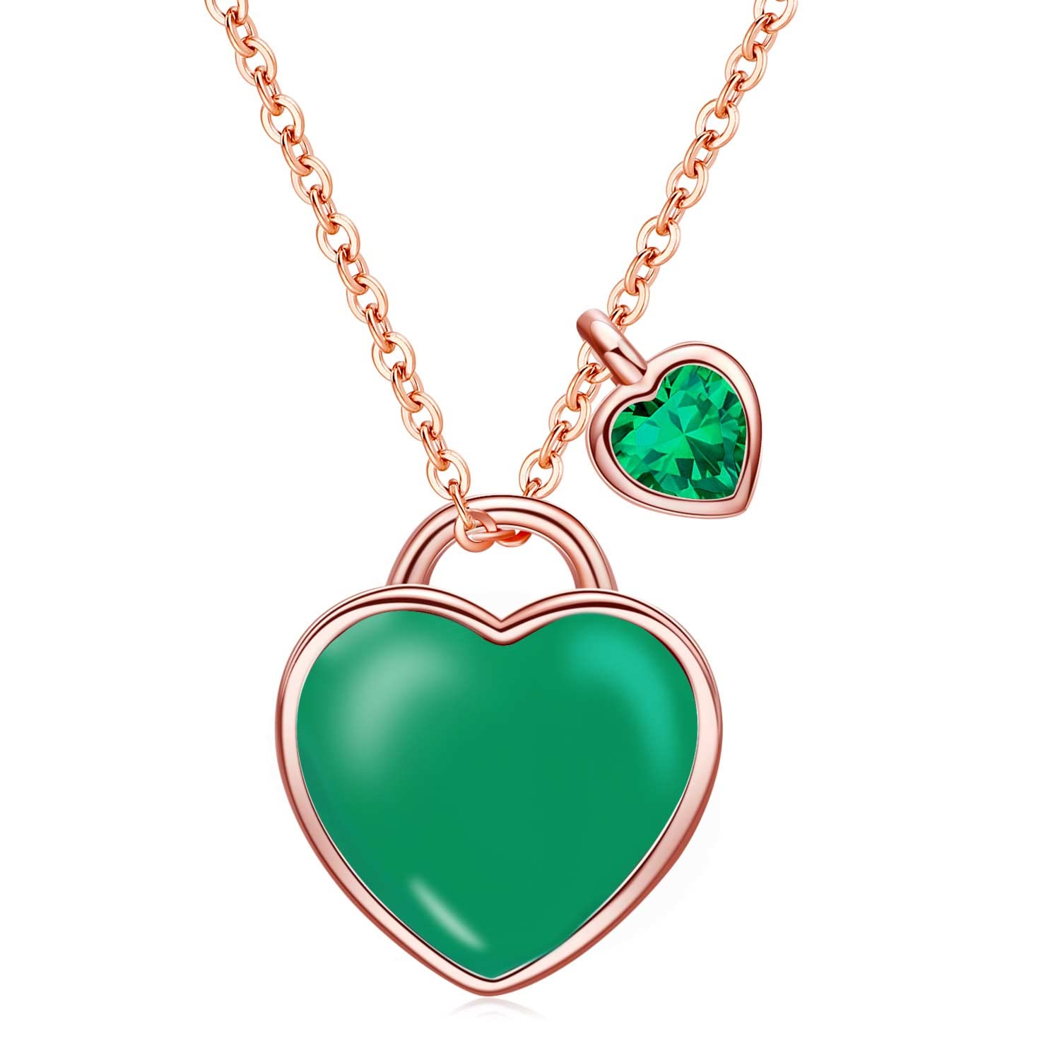 Qings May Birthstone Emerald Necklace - Rose Gold Sterling Silver Dainty Forever Love Double Heart Pendant Green Heart-shaped CZ Gemstone Cubic Zirconia Adjustable Chain Jewelry Gifts for Girls Wife