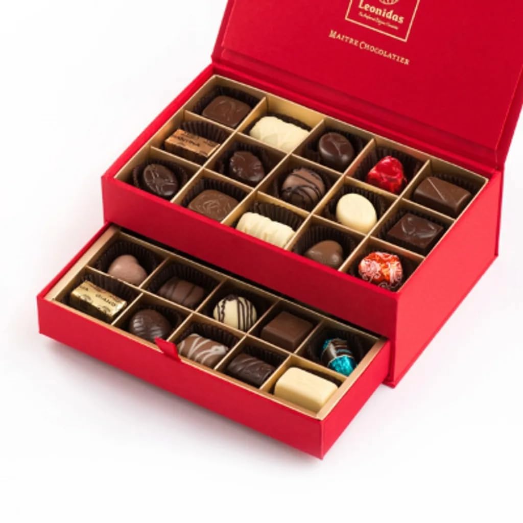 Leonidas Silk Like Red Jewellery Style Box Assorted Leonidas Belgian Chocolate, 30 Piece Fresh Pralines, Ganache, Creams. Large Beautiful Gift