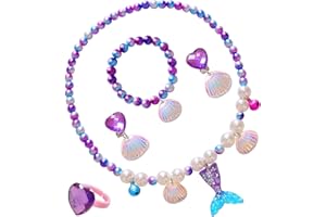 Tasttin Aged 4-8 Girls Mermaid Jewelry Set Includes Pearl Necklace, Bracelet, Ring, and Earrings, Perfect for Dress-Up, Party, or Daily Wear for Birthdays, Holidays, or School Gifts