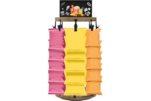 BHYHOK Chip Rack Display Stand,360° Rotating Chip Bag Holder,40 Clips Wooden Base Snack Retail Display Rack,Snack Organizer With Message Board for Party,Events,Retail Store