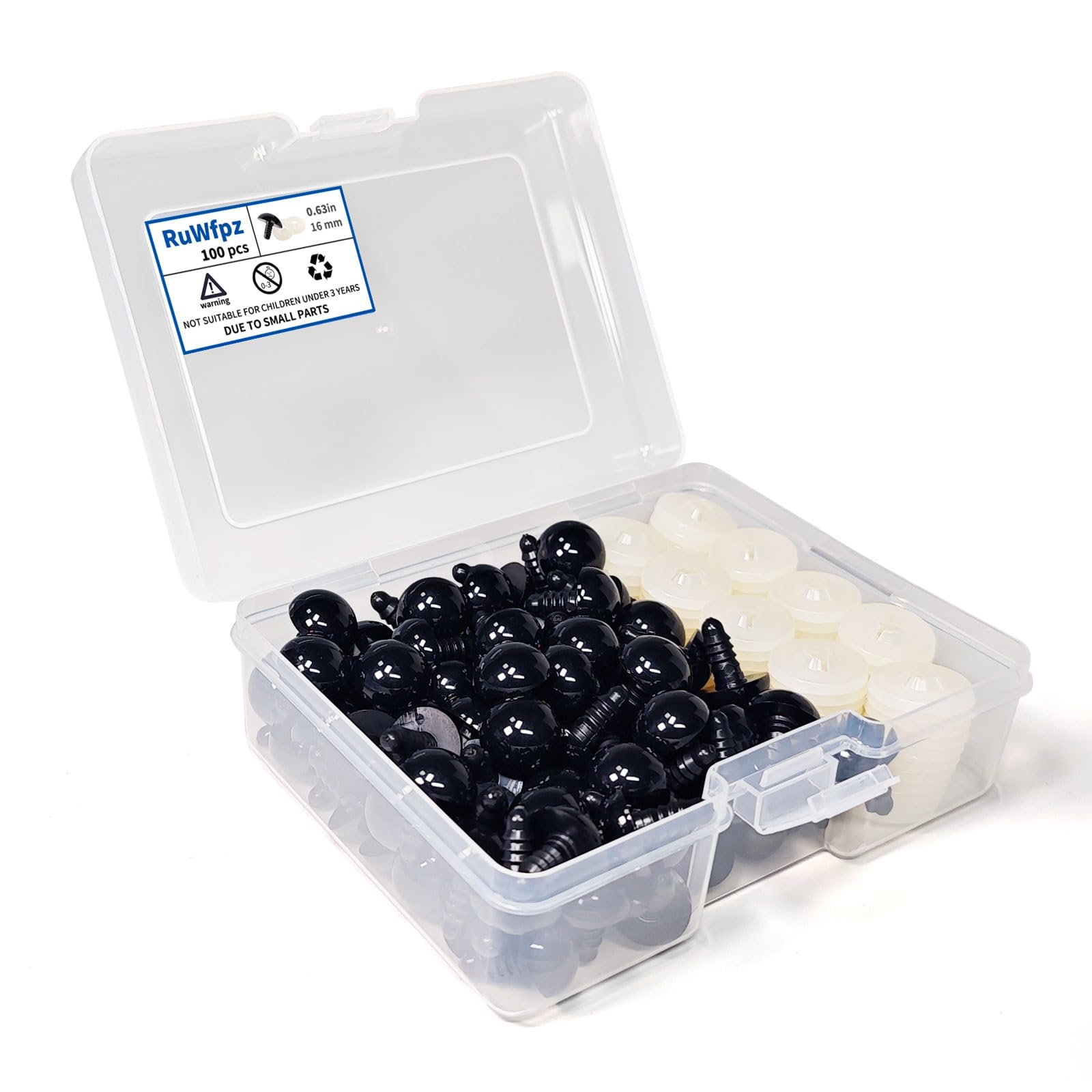 RuWfpz Safety Eyes for Crochet Toys Amigurumi 16mm 100Pcs - Doll Teddy Bear Eyes with Washers, Black Plastic Crochet Safety Eyes for Toy Making Plush Crocheting Crafting