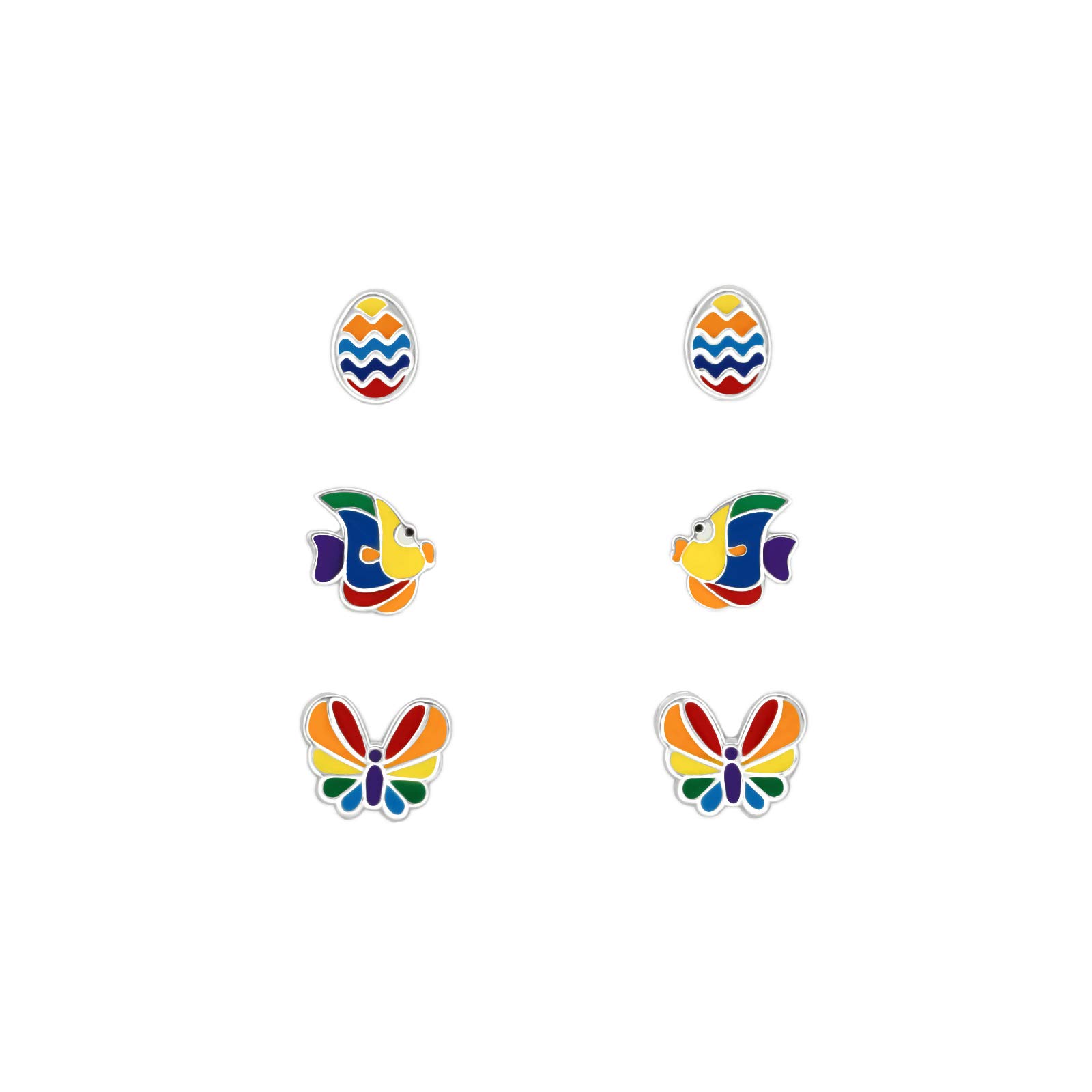 The Rose & Silver Company Girls 925 Sterling Silver Egg Fish Butterfly Stud Earrings Set