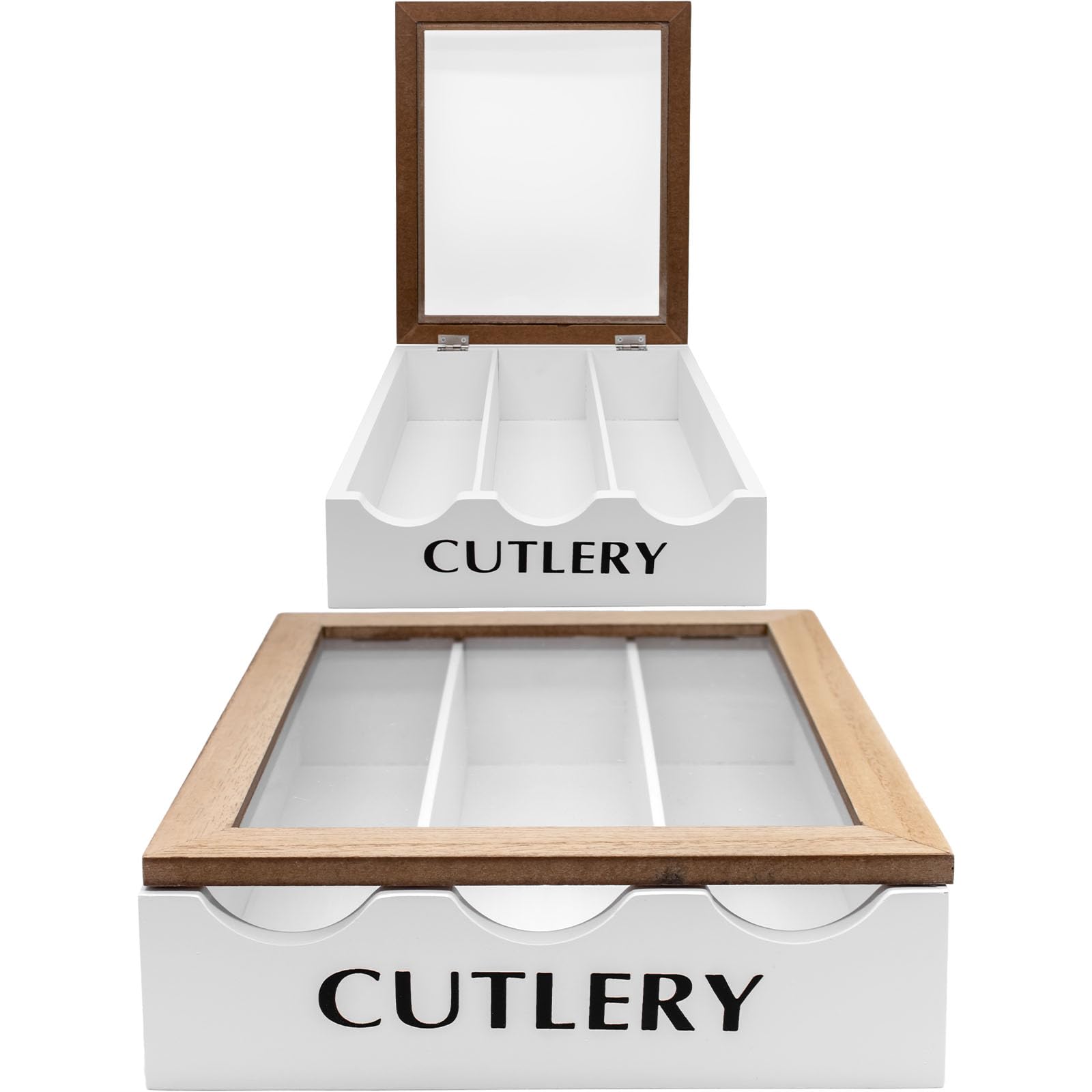 Maison Des Cadeaux White Wooden 3 Compartment Cutlery Holder Utensil Organiser Storage Box with Window Lid (US410)