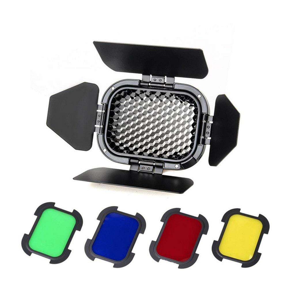 BD-07 Barn Door with Detachable Honeycomb Grid and 4 Color Filters Compatible for Godox AD200 AD200Pro Pocket Speedlite Flash Head + NAMVO Diffuser