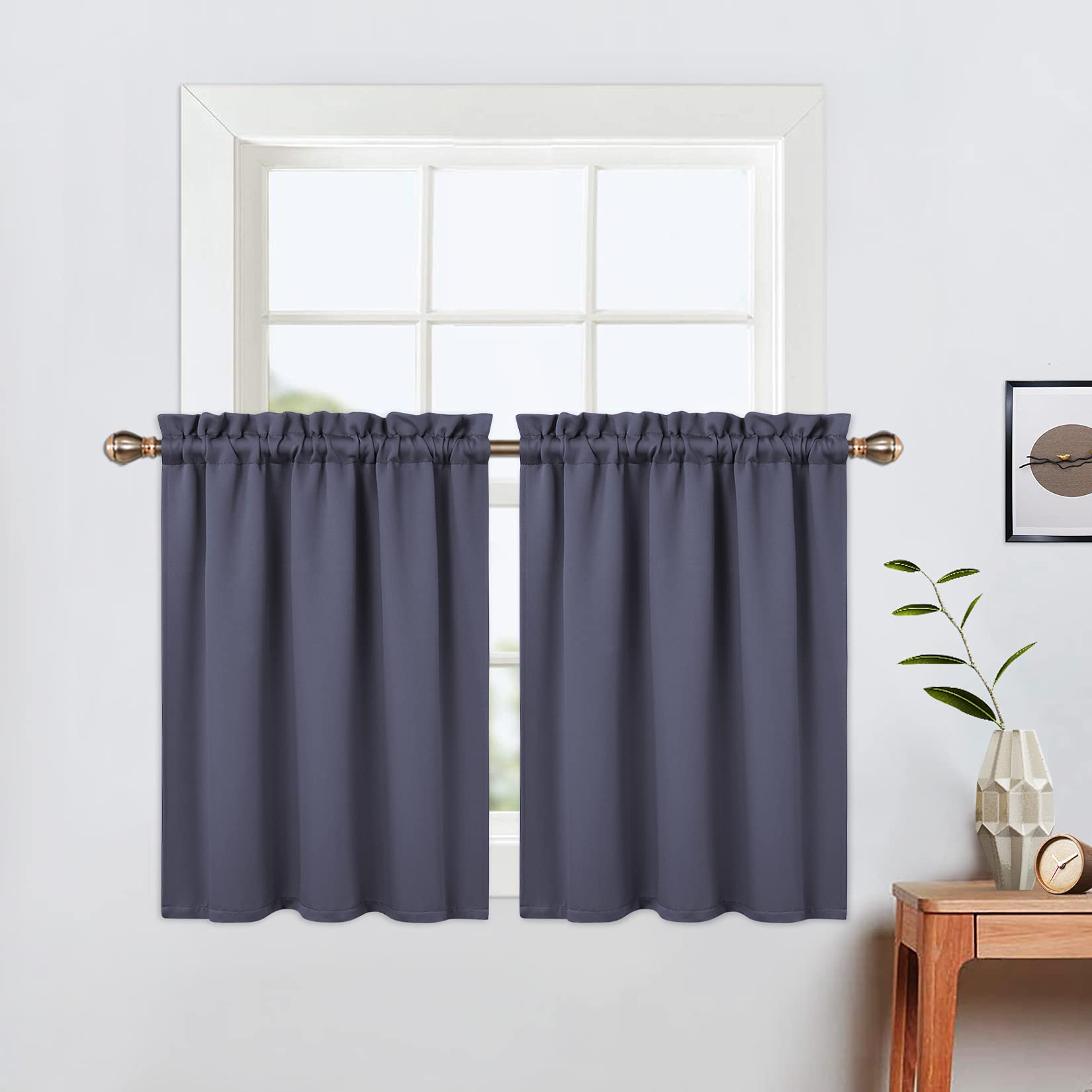 LinTimes Short Curtains 30 Inches Long for Bathroom Set 2 Panels Rod Pocket Cafe Tier Curtains Light Blocking Blackout Room Darkening Camper Curtains for Small Windows Kitchen Dark Grey