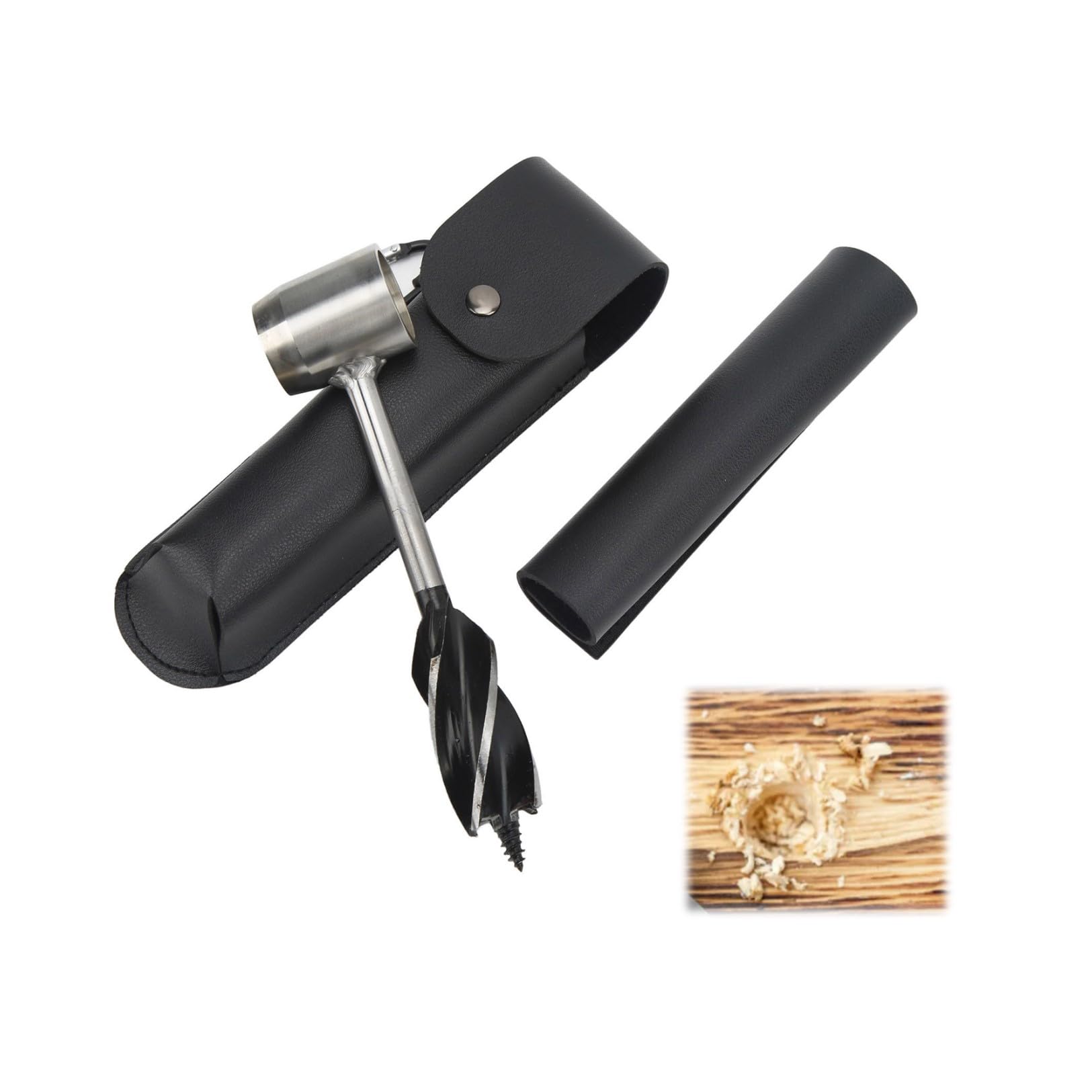 FAUOSWUK Bushcraft Settlers Tool Hand Auger Wrench Set with Storage Bag,Stainless Steel Multifunctional Portable Manual Wood Auger Drill Bit for Camping, Bushcrafting (Black PU Leather