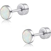 limerencia 20G Titanium Flatback Earrings for Sensitive Ears, G23 Hypoallergenic Titanium Simulated Opal Post Screw Back on Earrings for Cartilage Helix Tragus