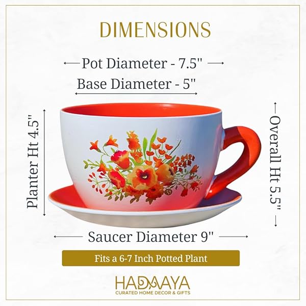 HADAAYA 7.5″ ROUND CERAMIC TEACUP SHAPE PLANTER POT WITH SAUCER FOR SUCCULENTS ORCHIDS HERBS CACTUS INDOOR HOUSEPLANTS FLOWERS FOR VALENTINES DAY GIFT – ORANGE POPPY FLORAL