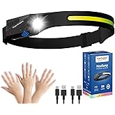 Headlamp Rechargeable, LED Waterproof Headlight for Adults, 230° Headband Light Forehead, USB Head lamp Band, 350 Lumen Super