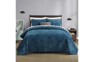 Liians Velvet Bedspread Quilt Bedding Sets,Luxury Elegant Ultra Soft Velvet Comforters Coverlet Blankets,Weave Stitching Pattern Cotton Quilted Bedspread for All Seasons,Azure Blue,King Size