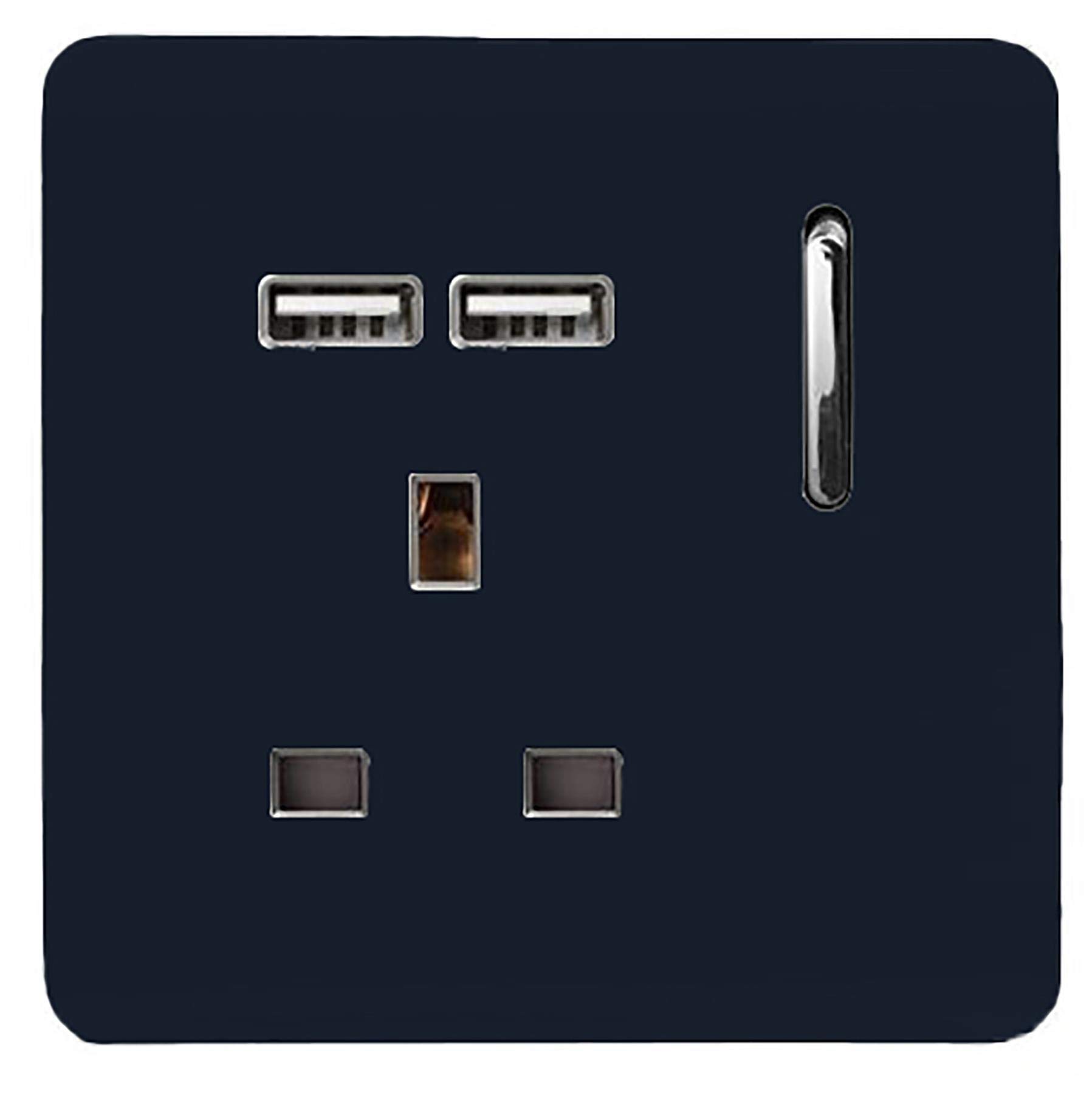 Trendi 1 Gang Single Switched Screwless Artistic Modern Glossy 13 Amp 2x Type A 2.1A USB Charging Port 13A Wall Outlet Plug Socket in Navy Blue - ART-SKT13USBNV