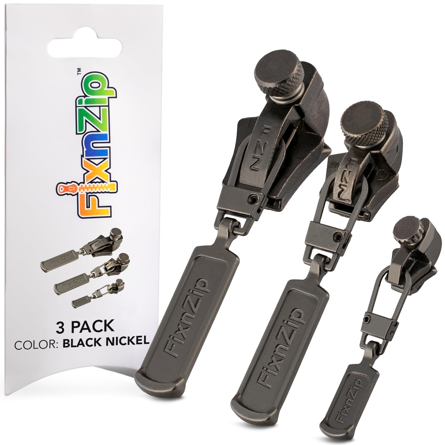 FixnZip Small Medium Large Black Nickel Replacement Zipper Slider Zip Puller 3 Pack