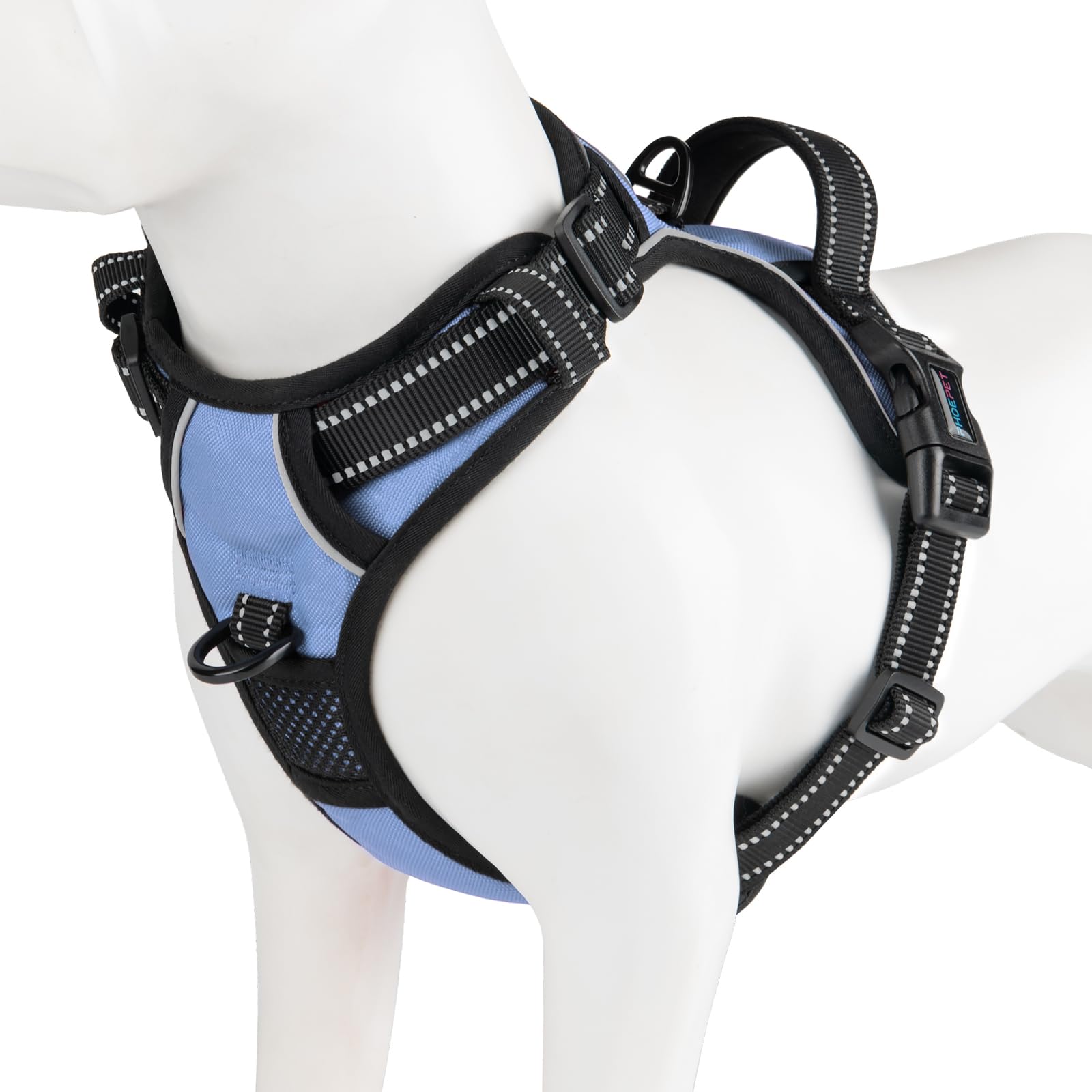 PHOEPET No Pull Dog Harness Reflective Adjustable with 2 Metal Leash Hooks and Soft Training Handle [Over The Head Design](L, Baby Blue)