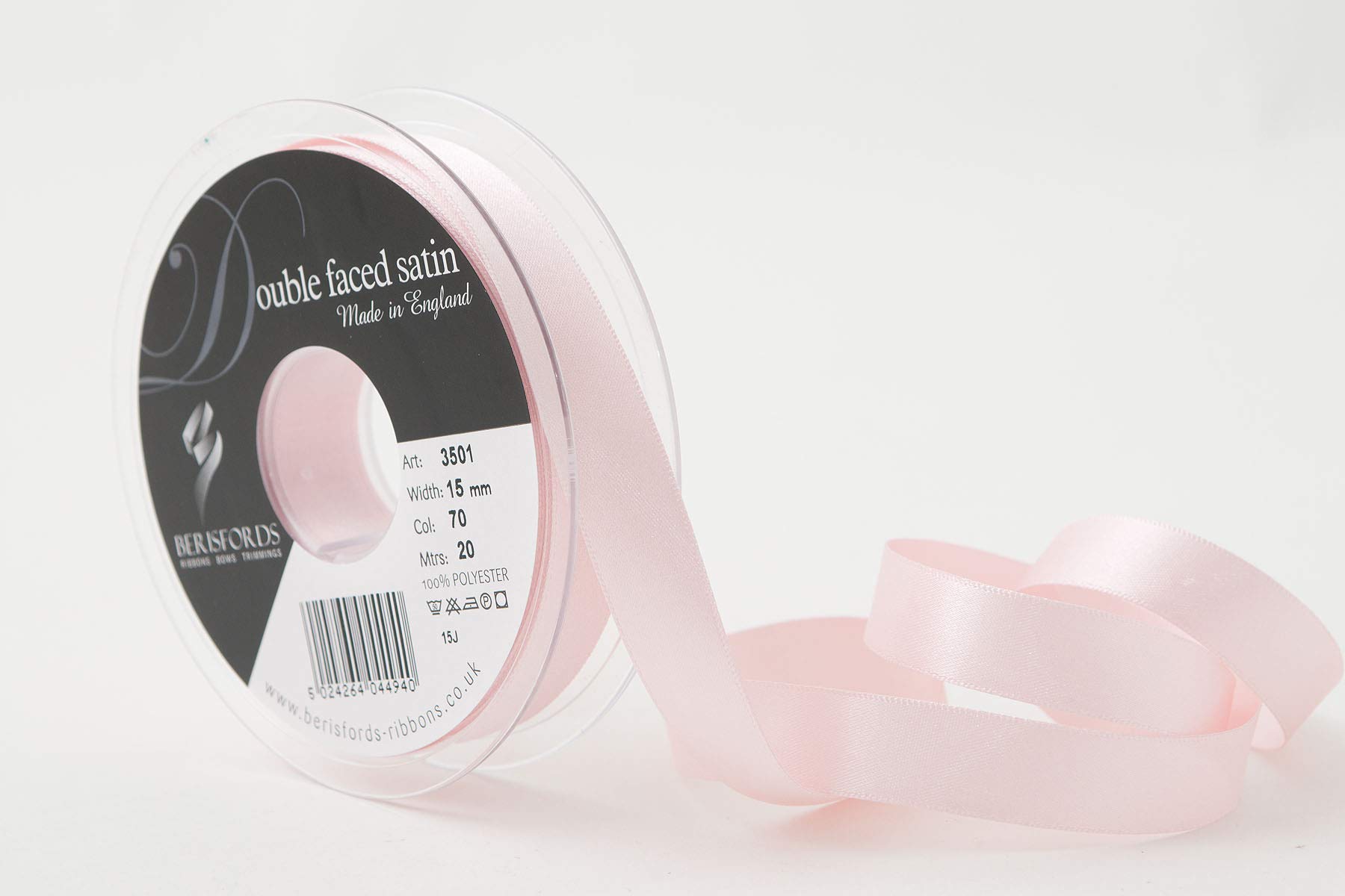 Berisfords Double FACE Poly Satin Ribbon, Pale Pink, 15 mm — image 1