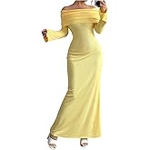GORGLITTER Women's Off Shoulder Bell Long Sleeve Maxi Dresses Elegant Classy Fall Mesh Birthday Long Fishtail Dress