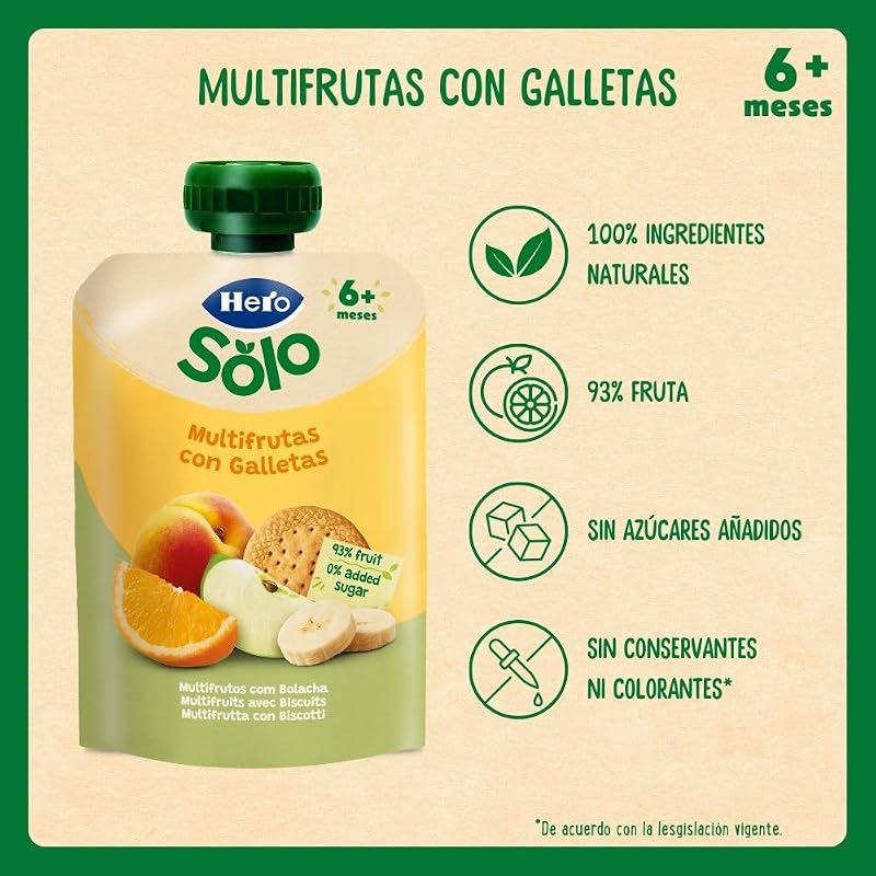 Hero Solo Bolsitas Multifrutas con Galletas Bebé Desde 6 Meses, 18 x 100 g