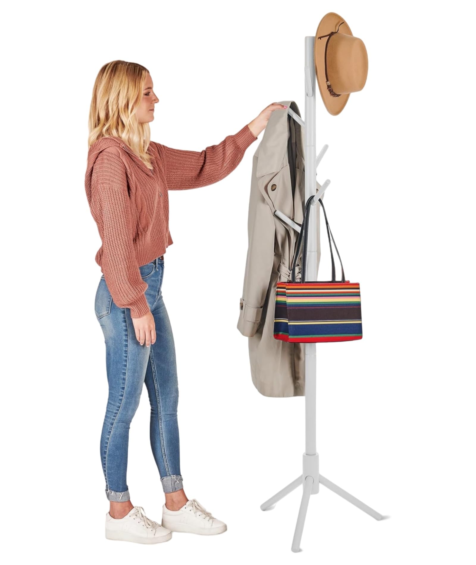 MEILEWLE Coat Stand, Coat Rack Freestanding, Coat Tree, w/ 6 Hooks and 3 Adjustable Size Solid Wood Coat Rack Stand easy to assemble for Bedroom, Hallway, Entrance, Office, for Hat,Coats (02 - White)