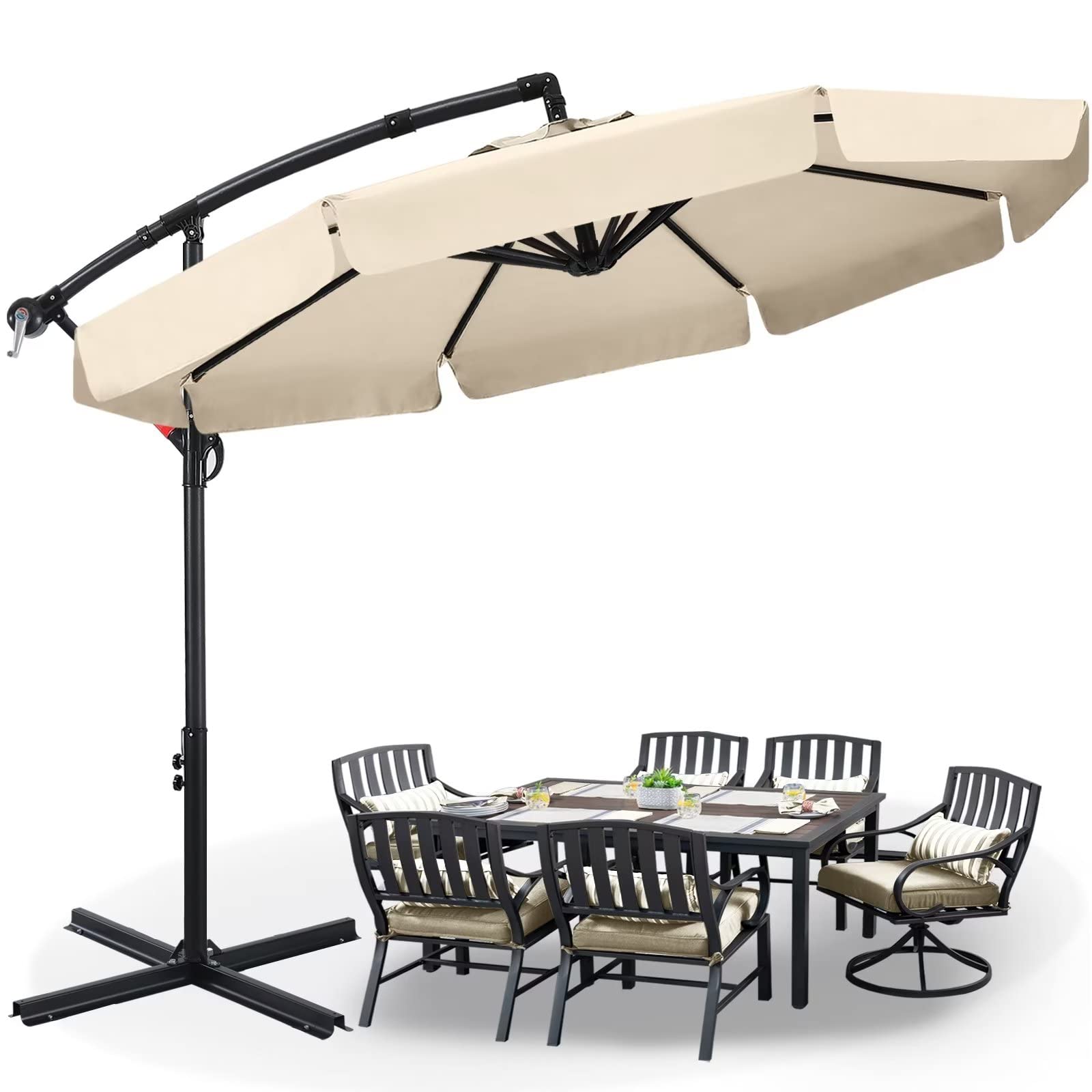 ABCCANOPY 2.7m Cantilever Banana Parasol with Ruffle, Large Garden Cantilever Parasol with Crank Handle and Tilt, Heavy Duty Offset Patio Umbrella UV Protection for Outdoor Garden Balcony, Beige