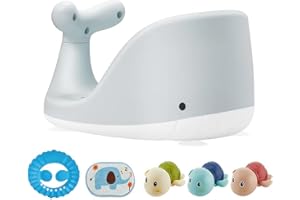 TUYEDOQE Whale Shape Baby Bath Seat – 3 Bath Toys + Bath Brush + Shower Cap – Ergonomic Backrest – Elastic and Breathable – 4 Strong Non-Slip Suction Cups – Ideal Gift! (Grey)