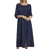 Bloggerlove Women's Zipper Robe 3/4 Sleeves Full Length House Dress Square Neck Housecoat Soft Cotton Nightgown with Pockets