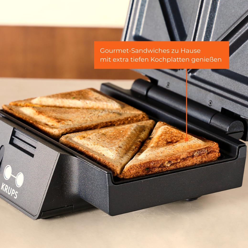 KRUPS FDK461 Sandwichmaker – Dreiecks-Sandwichtoasts, Keramik-Antihaftplatten, 850W, extra tiefe Form für leckere Gourmet-Sandwiches, schnelles Erhitzen, platzsparend, schwarz 4