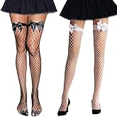 Miaband 2 Pairs Bow Fishnet Thigh High Stockings Mesh Tights Sexy Black Fishnet High Stockings Party Cosplay for Women