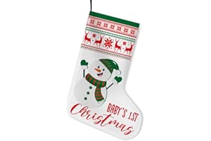 UDNADKEX Baby Boy First Christmas Stocking, Baby 1st Christmas Stocking for Boy Newborn Gift Reindeer Snowflake Green Pattern Snowman Holiday Xmas Stocking Home Fireplace Decorations 16.5 Inches