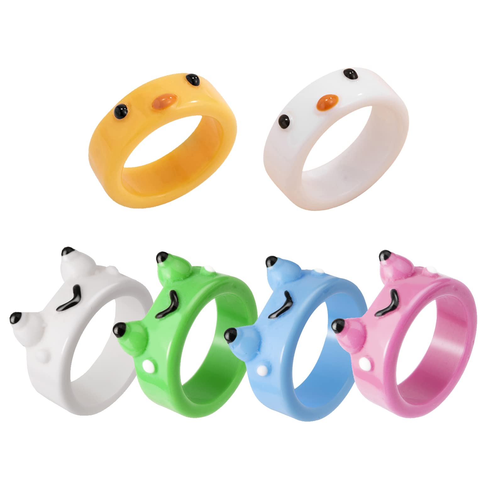 Pwsap 6 Pieces, Cute Frog Rings, Chick Rings for Women Teenagers, Resin Evil Eye Rings, Colorful Animal Rings, Big Aesthetic Rings, Fashion Friendship Jewelry, Resin, No Gemstone