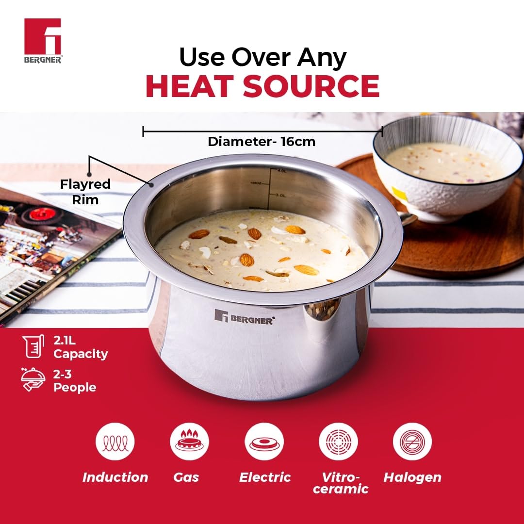 Bergner TriPro Tri-ply Stainless Steel Tope (Patila) with Stainless Steel Lid 16 cm, 2.1 Litre, Induction Base, Easy-use Flared Rim, Silver 4