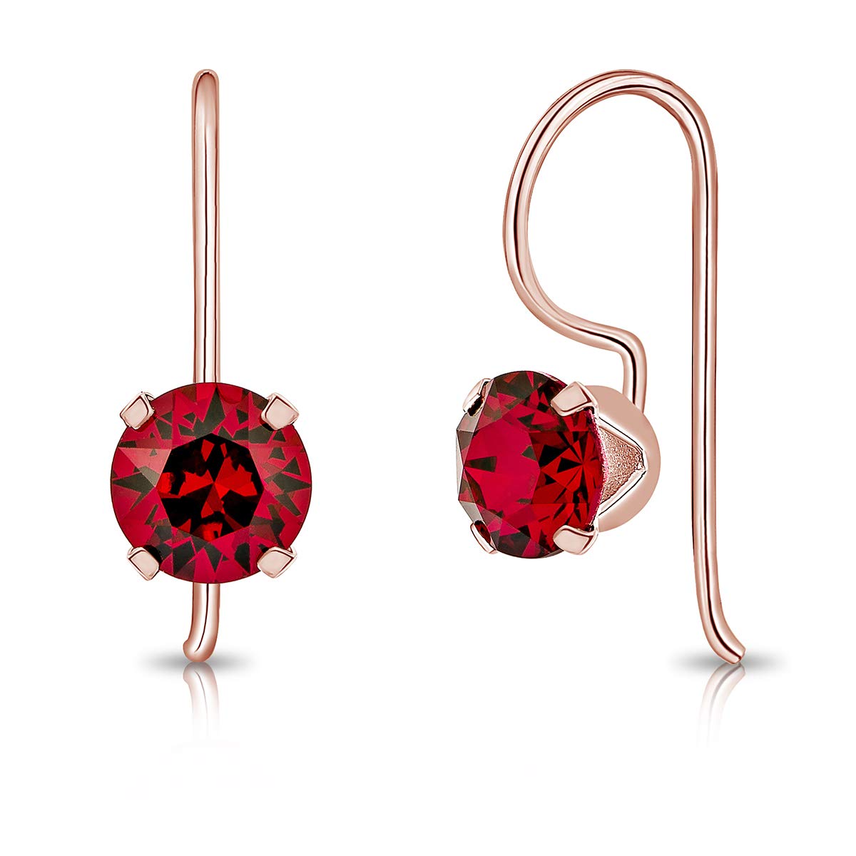 DTPSilver - 925 Sterling Silver Rose Gold Plated Round Fixed Hook Earrings made with Glittering Crystals from Swarovski® Elements - Diameter: 6 mm - Colour : Ruby