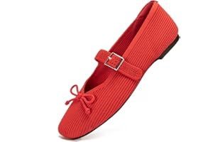 FancyRing Women's Square Toe Flats With Bowknot, Mary Jane Ballet Washable Knit Shoes, Adjustable Straps, Comfortable Office Wear