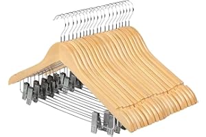 AMTEADM 20 Pack Wooden Hangers with Clips High-Grade Wooden Suit Hangers Skirt Hangers with Clips S Wood Hanger with Durable Metal Clips for Blouse, Dress, Coat, Jacket (Natural,20)