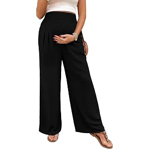BLENCOT Women's Maternity Pants Smocked Palazzo Pregnancy Trousers | Elastic High Waisted,Side Pockets, Wide Leg Long Flowy P