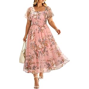RITERA Plus Size Summer Dresses for Women Short Sleeve Smocked Maxi Wedding Guest Dress Square Neck Chiffon Pockets XL-5XL