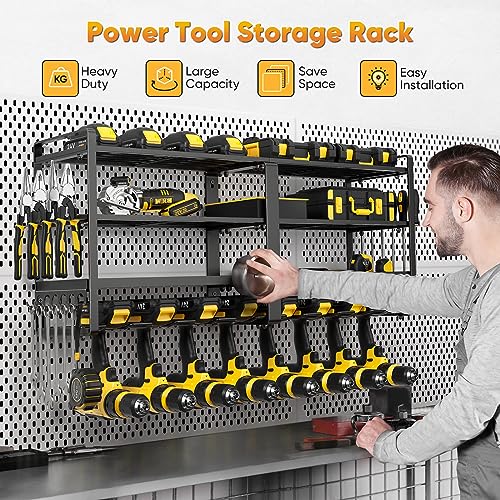 HOEMASY Wall Mount Tool Organizer – 3-Tier Rack With 4-Outlet Charging Station, 100lbs Load, Heavy Duty Garage Storage For Drills & Batteries