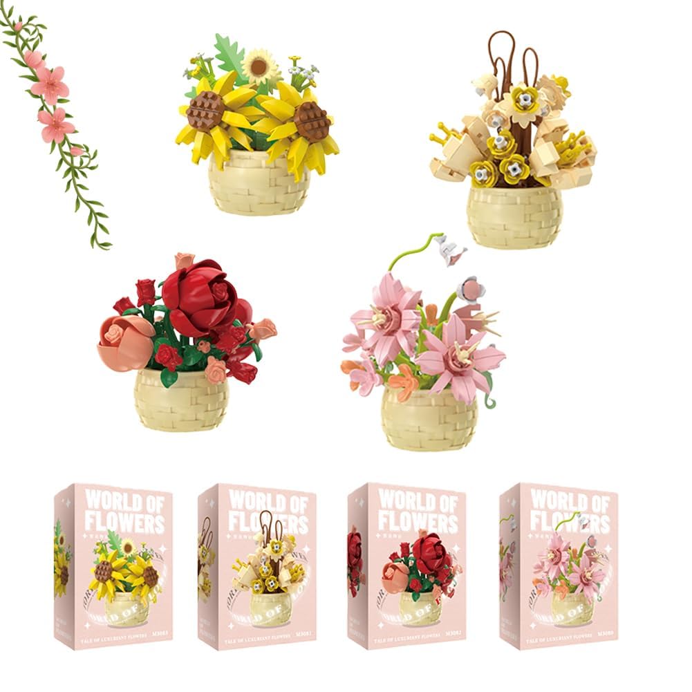 Mini Flower Building Blocks, Flower Bouquet Building Blocks Set, Flower Building Blocks, 3D Toy DIY Set Themed Office Décor Birthday Gifts for Enthusiasts New Year Gifts - 4PCS (A)
