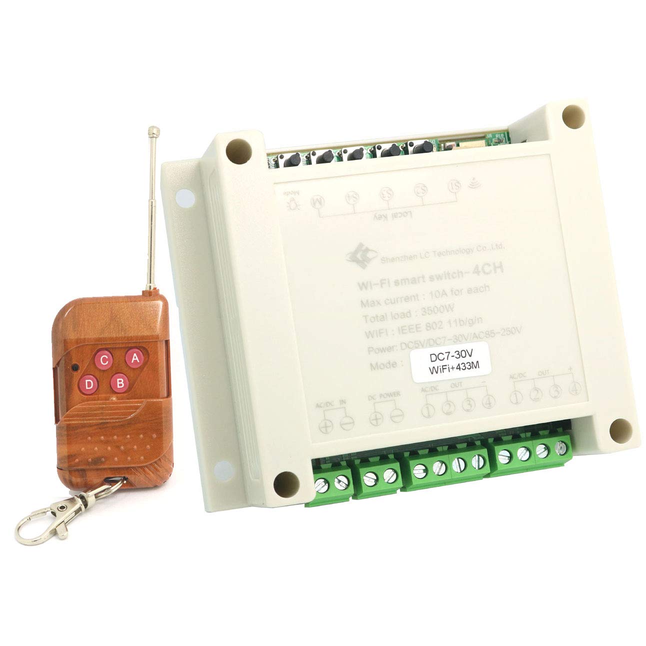 DollaTek 4 Way WiFi Remote Wireless Smart Switch DIY Home Timing/Delay Self-Latching/Inching/Interlocking Relay - Have Shell 7-30V + 433M Remote Control