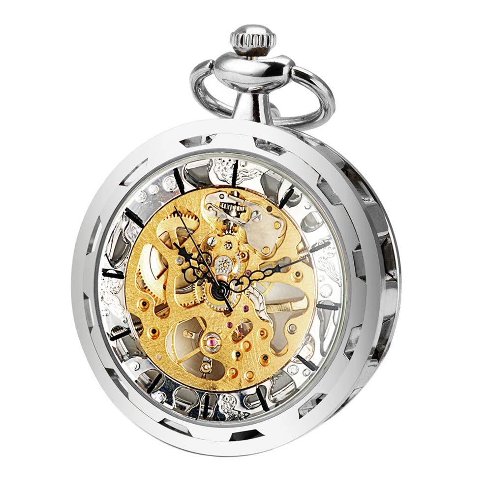 ManChDa Mens Steampunk Transparent Open Face Pocket Watch Silver Skeleton Dial with Chain + Gift Box