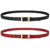 WHIPPY 2 Pack Skinny Leather Belts for Women Thin Ladies Fashion Belt C-Shaped Gold Buckle Black Belt for Jeans Pants Dresses